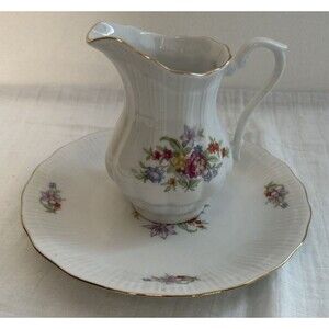 Southington Baum Floral Garden Porcelain Gravy Boat Server & Plate 7.5” Polland